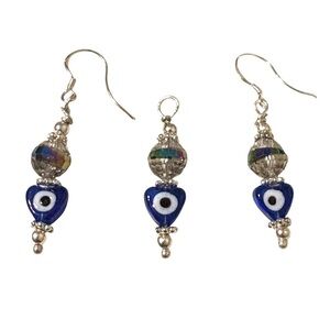 Evil Eye Glass Heart Dangle Earrings and Necklace Charm